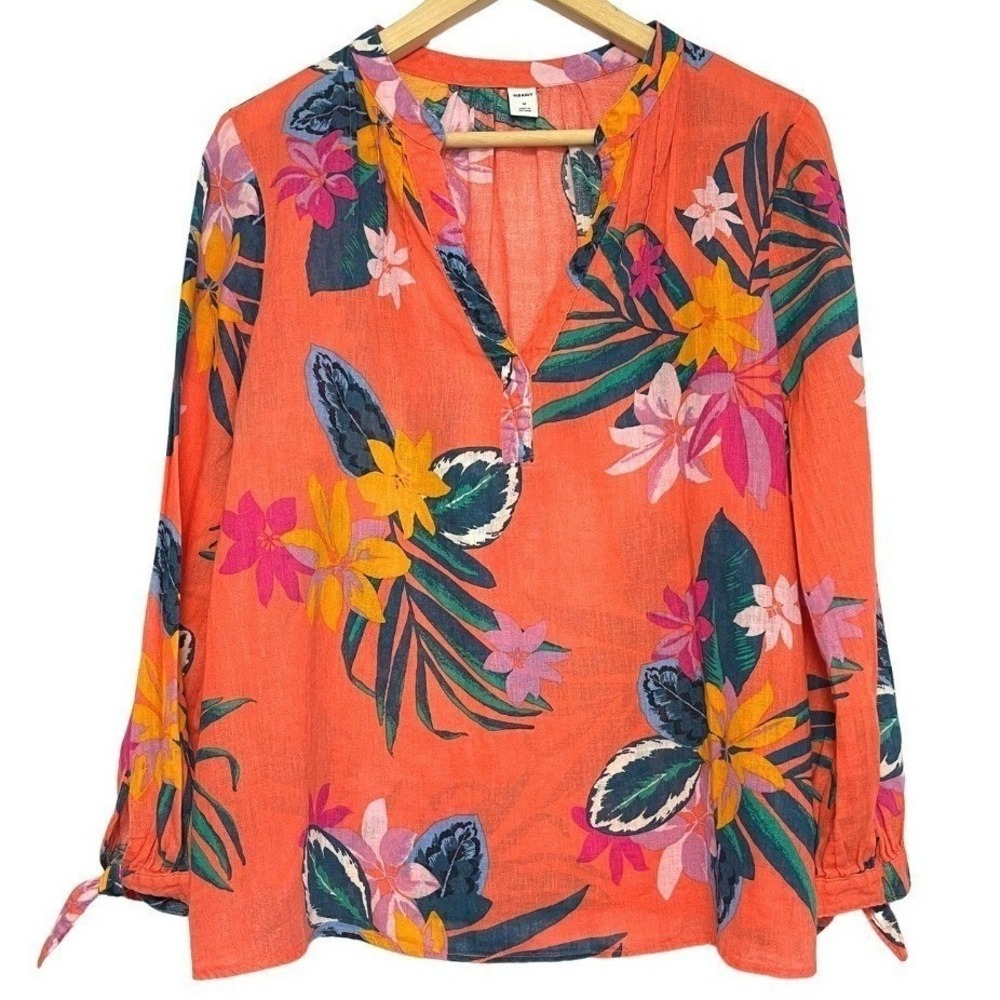 Old Navy Linen Blend Top Womens M Tropical Floral Hawaiian Resort Vacation